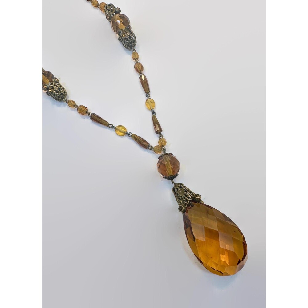 Vintage Art Deco Necklace: Amber Glass, Lavalier, 20s, 30s, Brass, Antique